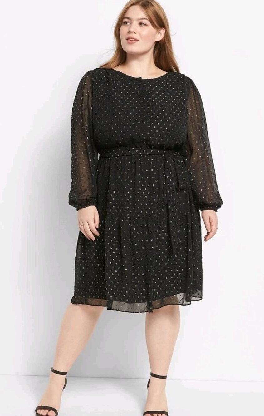 Lane Bryant Black with Gold Clip Dot Sheer Overlay Tiered Dress